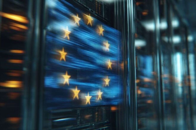 Centre de données européen moderne avec drapeau holographique