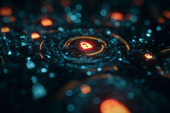 Cybersecurity holographic interface closeup