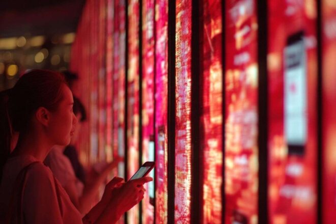 Écrans géants avec applications ia et enveloppes rouges numériques