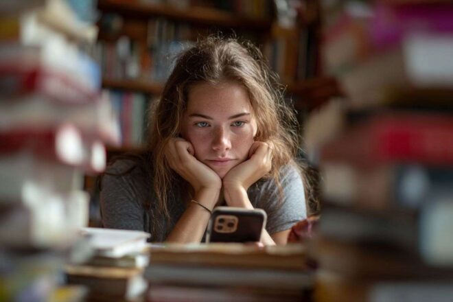 Jeune adolescent pensif avec smartphone entouré de livres
