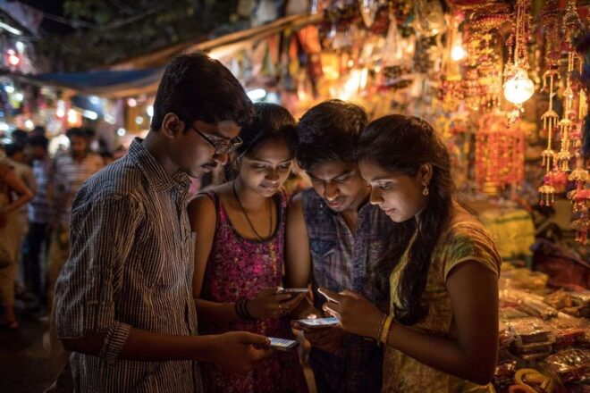 Jeunes adultes au marché animé de bombay