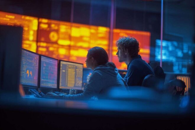 Analyse de données par des ingénieurs dans un centre d opérations modernisé