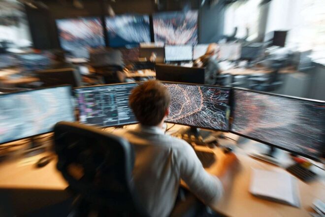 Complexité numérique dans un bureau futuriste