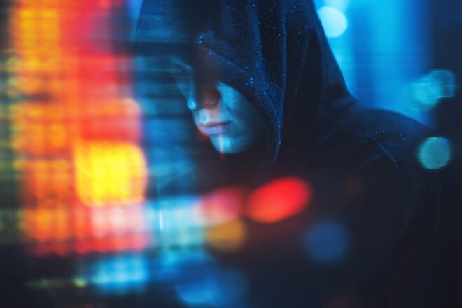 Figure de hacker floutée avec ambiance cyberpunk
