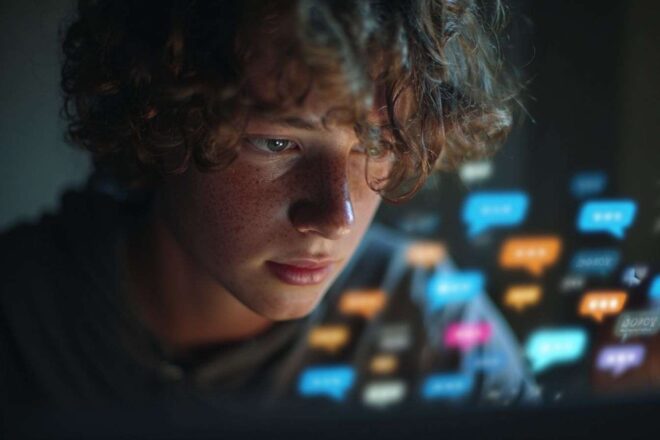 Gros plan d un adolescent concentré sur un ordinateur portable