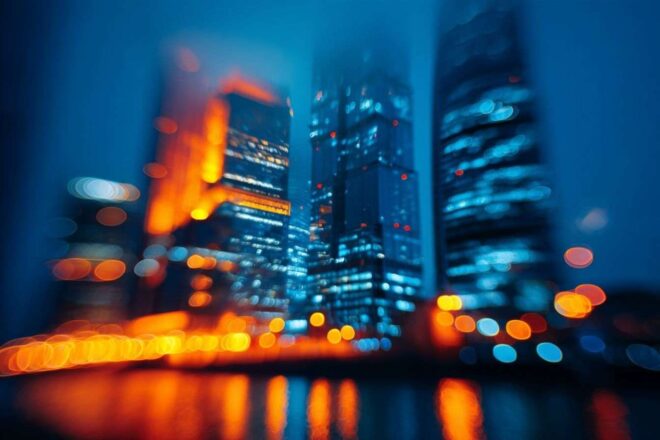 Lumières dynamiques sur skyline futuriste avec technologie intelligente