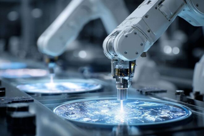 Robots industriels manipulant des plaquettes lumineuses