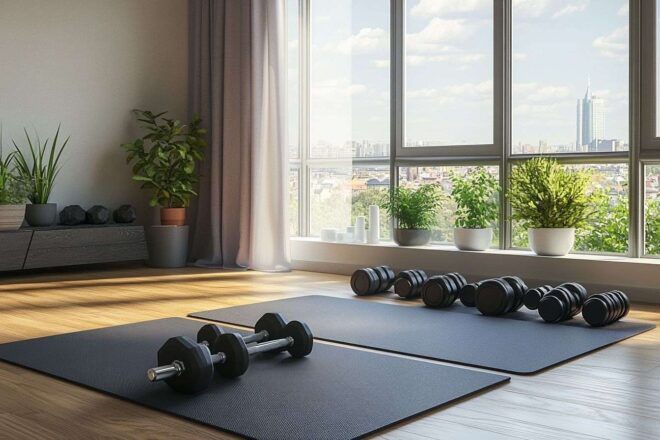 Salon moderne transformé en espace d entraînement