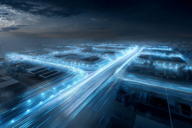 Vue aérienne centre de données avec chemins lumineux