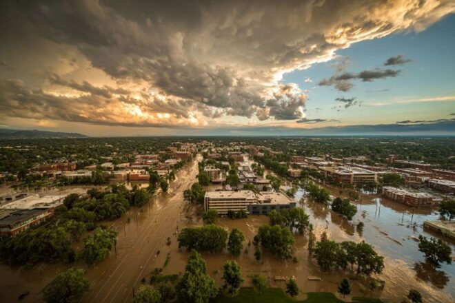 Vue aérienne d une ville inondée