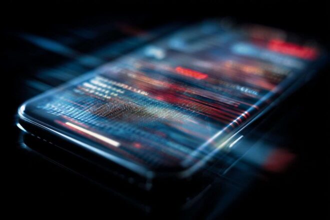 Iphone translucide en milieu sombre avec données lumineuses