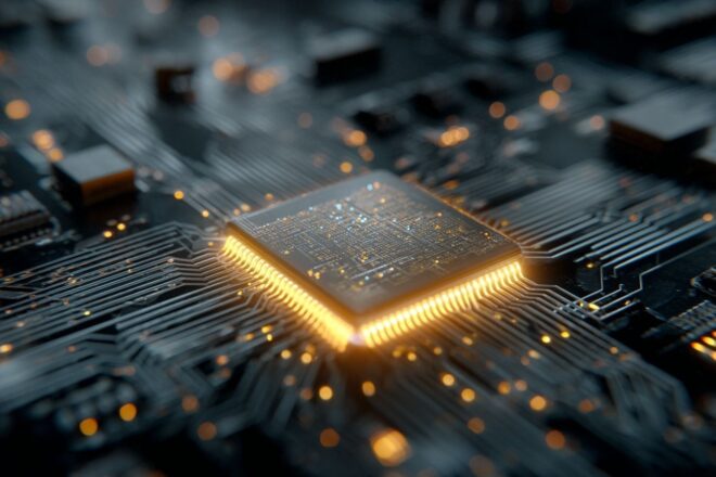 Gros plan d une puce ai lumineuse montrant des circuits nanométriques complexes en laboratoire high tech