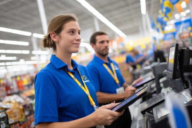 Magasin walmart moderne avec Éclairage bleu et jaune