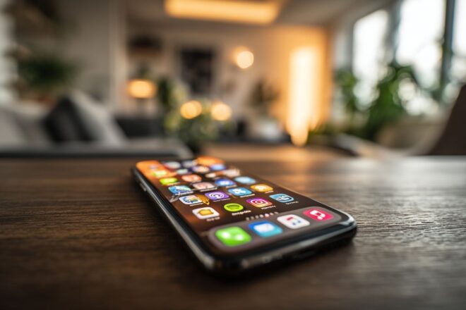 Smartphone connecté avec icônes d applications