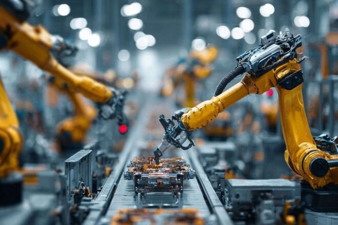 Vue atmosphérique d un environnement industriel futuriste