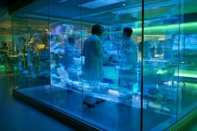 Intérieur d un hôpital futuriste avec interfaces holographiques