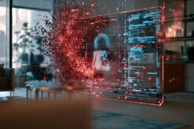 Scène cyber ultraréaliste avec interface fracturée