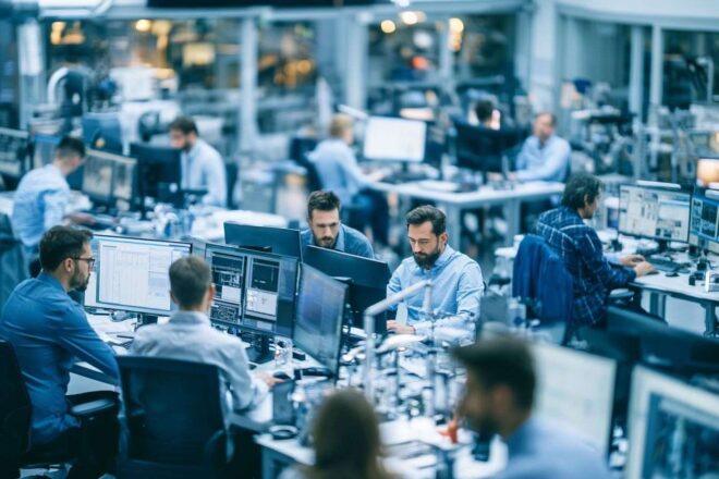 Vue aérienne des ingénieurs dans un laboratoire high tech
