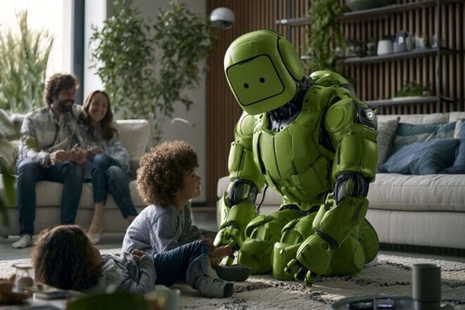 Robot humanoïde moderne dans un salon contemporain avec une famille