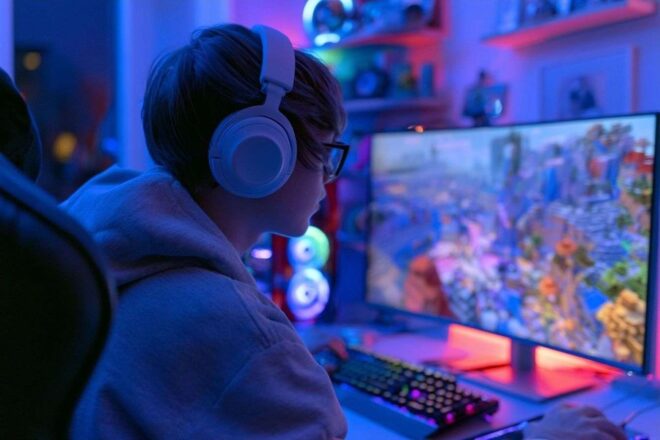 Salle de jeu immersive avec lumières rgb et paysage minecraft