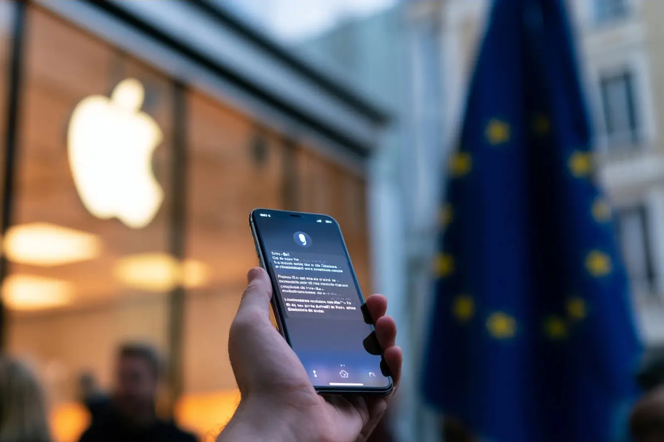 iPhone avec Siri devant un drapeau europeen