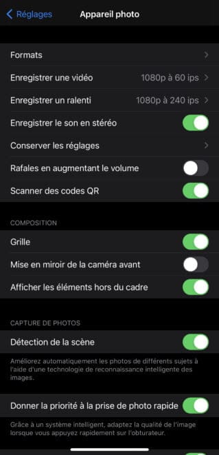 Réglage > Appareil Photo puis appuyez sur Enregistrer une vidéo.