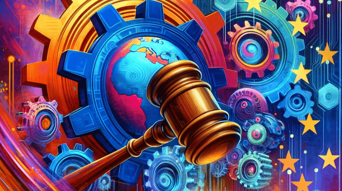 DALL-E : Voici une illustration colorée qui symbolise la création par l'Union Européenne de règles robustes et globales sur l'intelligence artificielle. Cette image représente la force et l'innovation, avec des éléments visuels tels que des engrenages, des réseaux numériques et un maillet pour représenter la réglementation et son application.