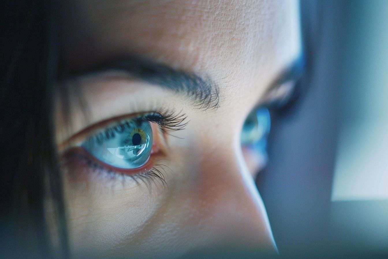 Image d'illustration. Gros plan d une personne plissant les yeux devant un écran