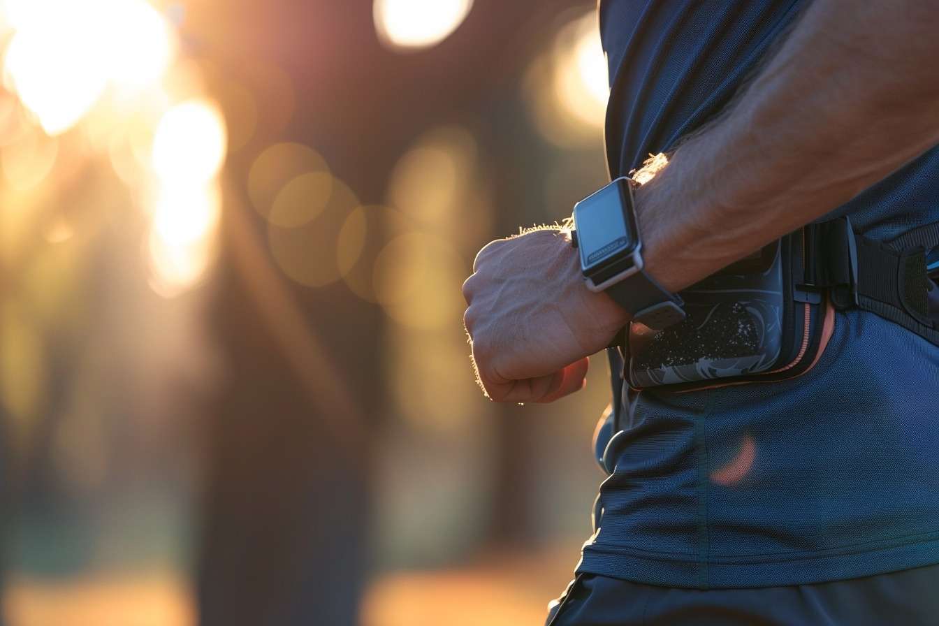 Image d'illustration. Un objet connecté au bras d'un coureur, capturant son rythme et sa distance pendant un jogging matinal.