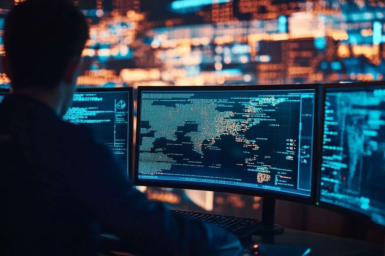 Écrans d'ordinateur sombres et illuminés affichant un code complexe avec en arrière-plan une carte numérique de la Chine.