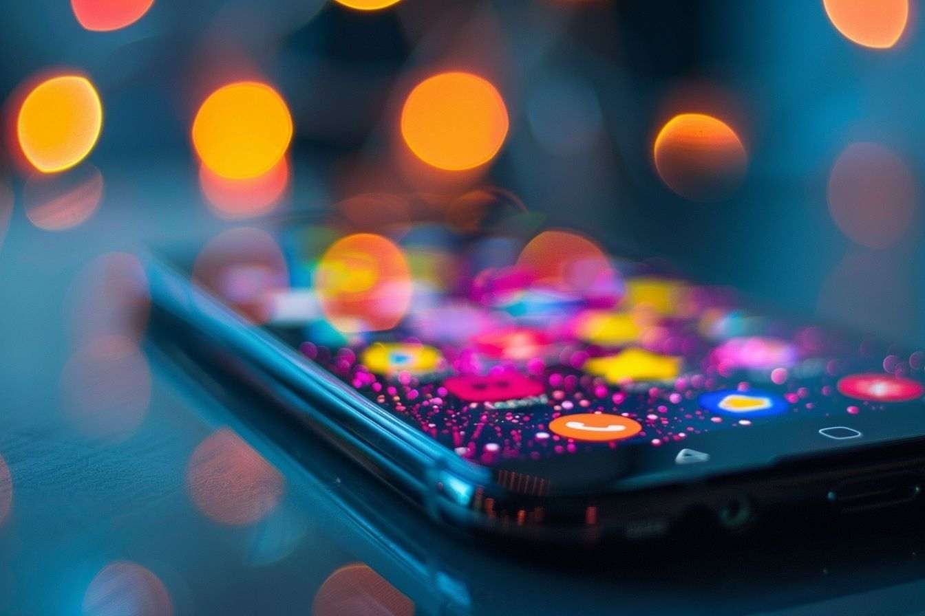 Gros plan d un écran de smartphone affichant une bulle de conversation animée avec des emojis.