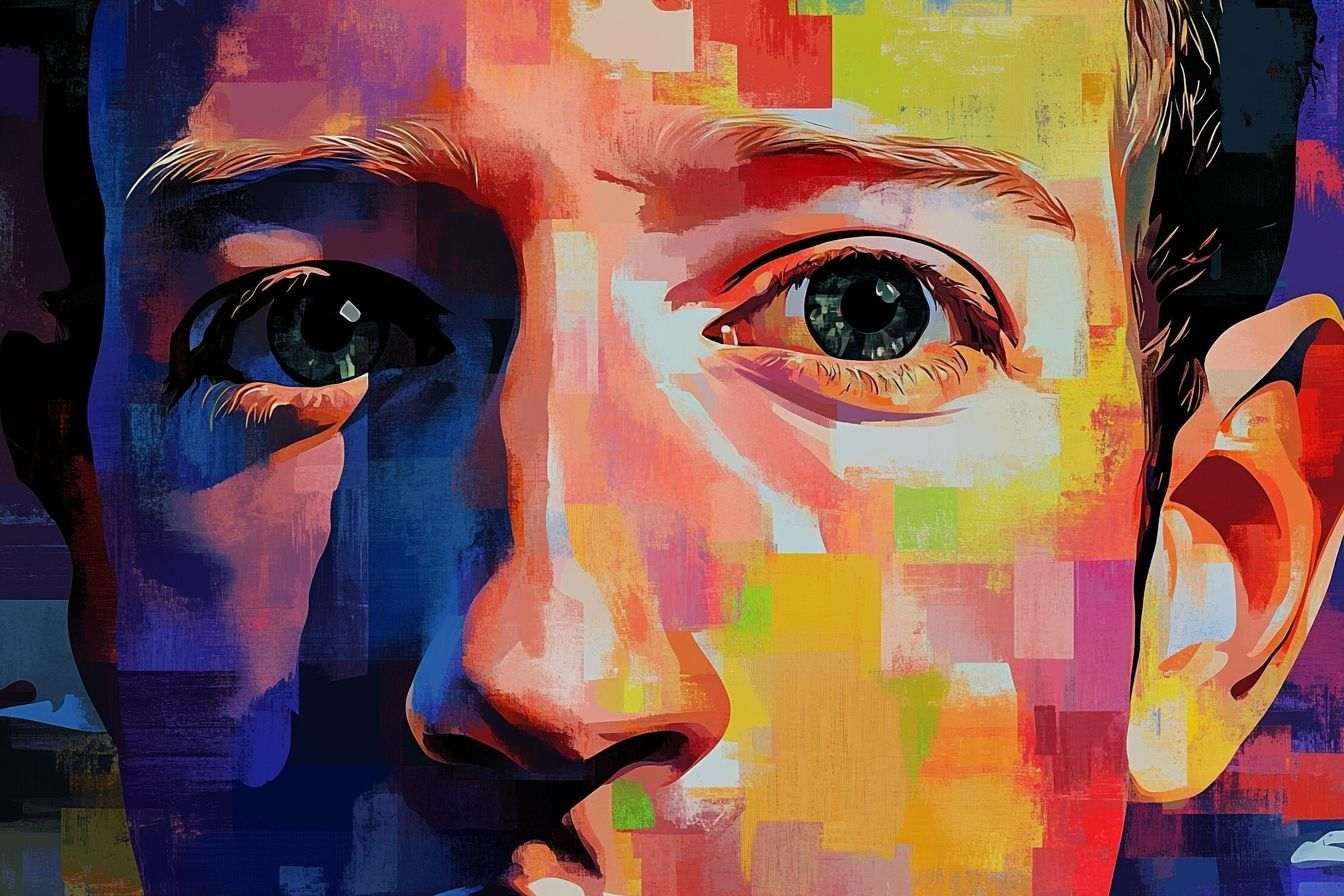 Image en gros plan d'un visage stylisé intégrant des éléments numériques et une répétition iconique inspirée de Warhol.