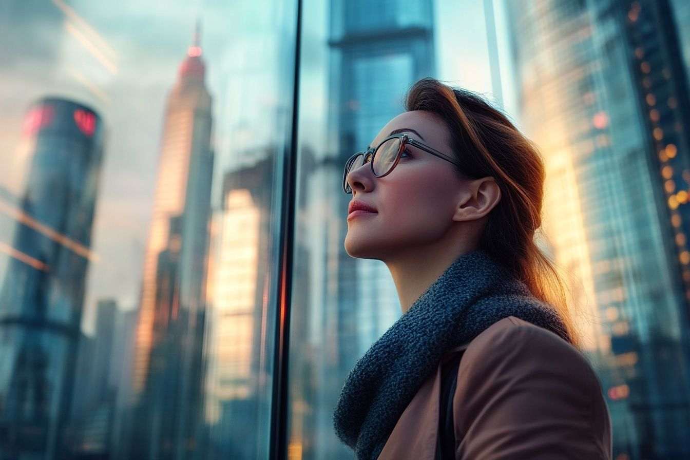 Une skyline de ville futuriste mêlant des éléments naturels avec des interfaces numériques, montrant l'harmonie entre l'humanité et la technologie.