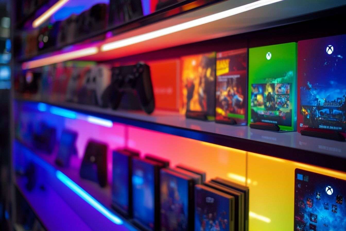 Découvrez un agencement élégant de consoles PS et Xbox sur des étagères modernes, accompagné de couvertures de jeux colorées sous un éclairage vibrant.