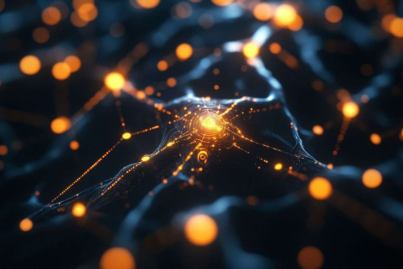 Représentation abstraite des circuits d'intelligence artificielle illuminés sur un fond noir, symbolisant l'innovation et le progrès.