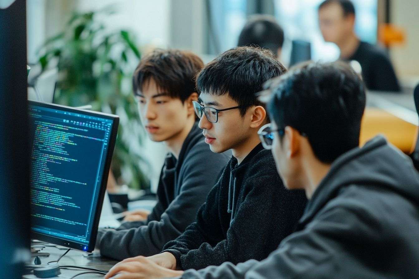 Vue arrière des développeurs chinois collaborant sur des projets de codage dans un environnement de laboratoire moderne