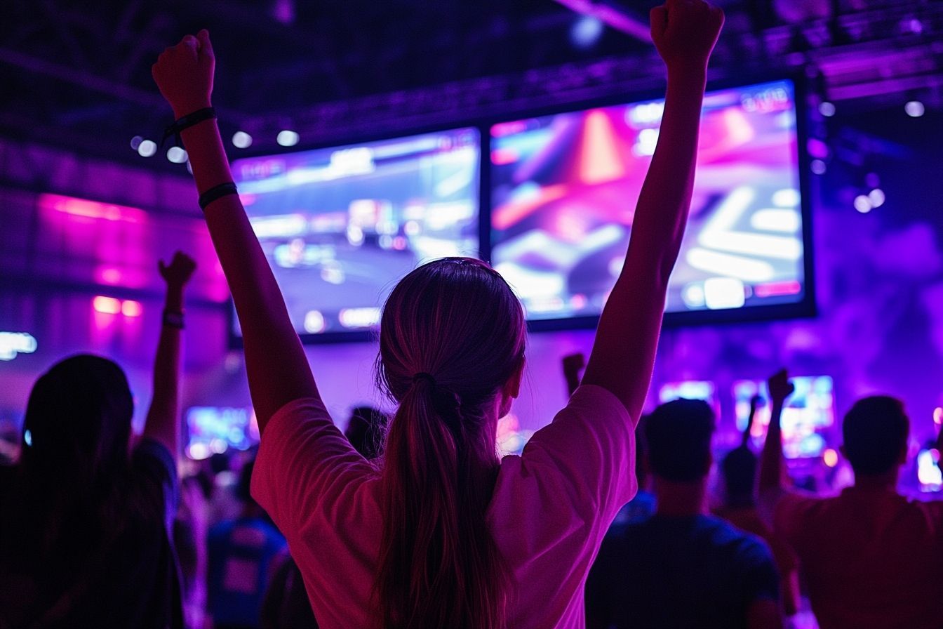 Des fans passionnés acclamant lors d'un événement de jeu interactif, entouré d'effets visuels éclatants et de moniteurs numériques.