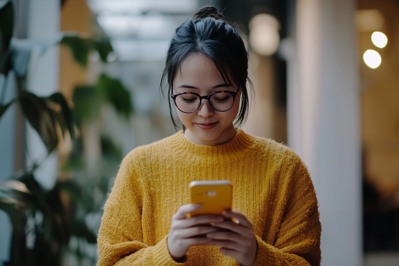 Un utilisateur interagissant avec une application mobile mettant en avant l'assistance AI pour résoudre efficacement les requêtes des clients.