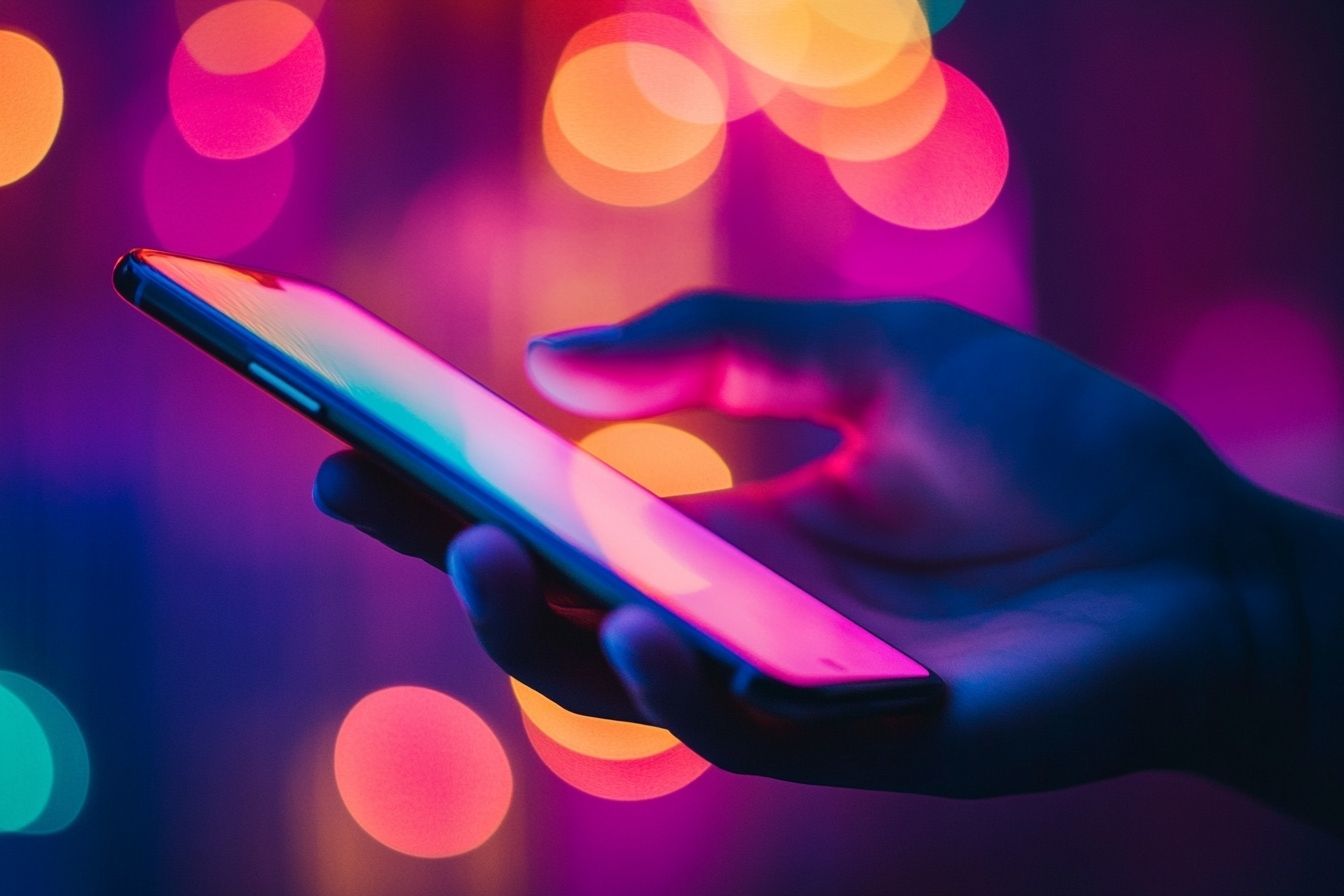 Main humaine interagissant avec smartphone lumineux