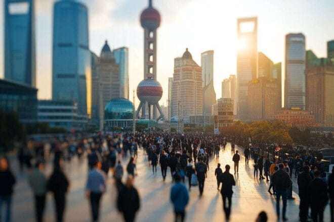 Un paysage urbain animé de Shanghai avec des gratte-ciels imposants reflétant la croissance rapide de l'économie chinoise.