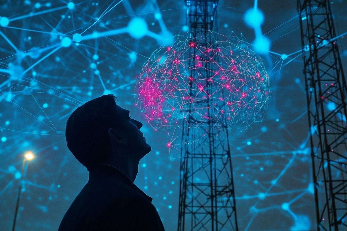 Illustration montrant comment les données circulent des antennes relais vers un cerveau numérique, symbolisant la connectivité moderne.