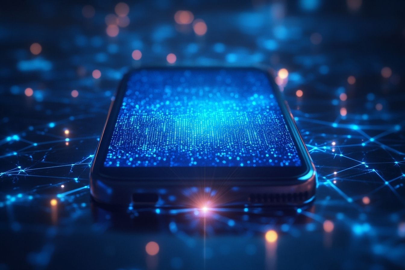 Smartphone éclairé avec symboles numériques