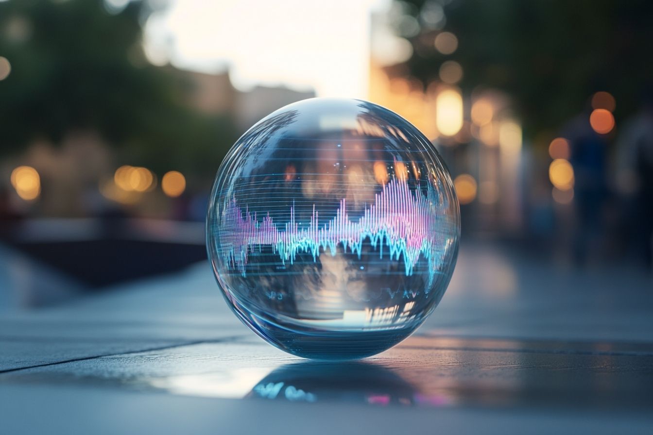 Une sphère translucide représentant Siri émet des ondes sonores numériques, intégrant subtilement le logo Gemini AI.
