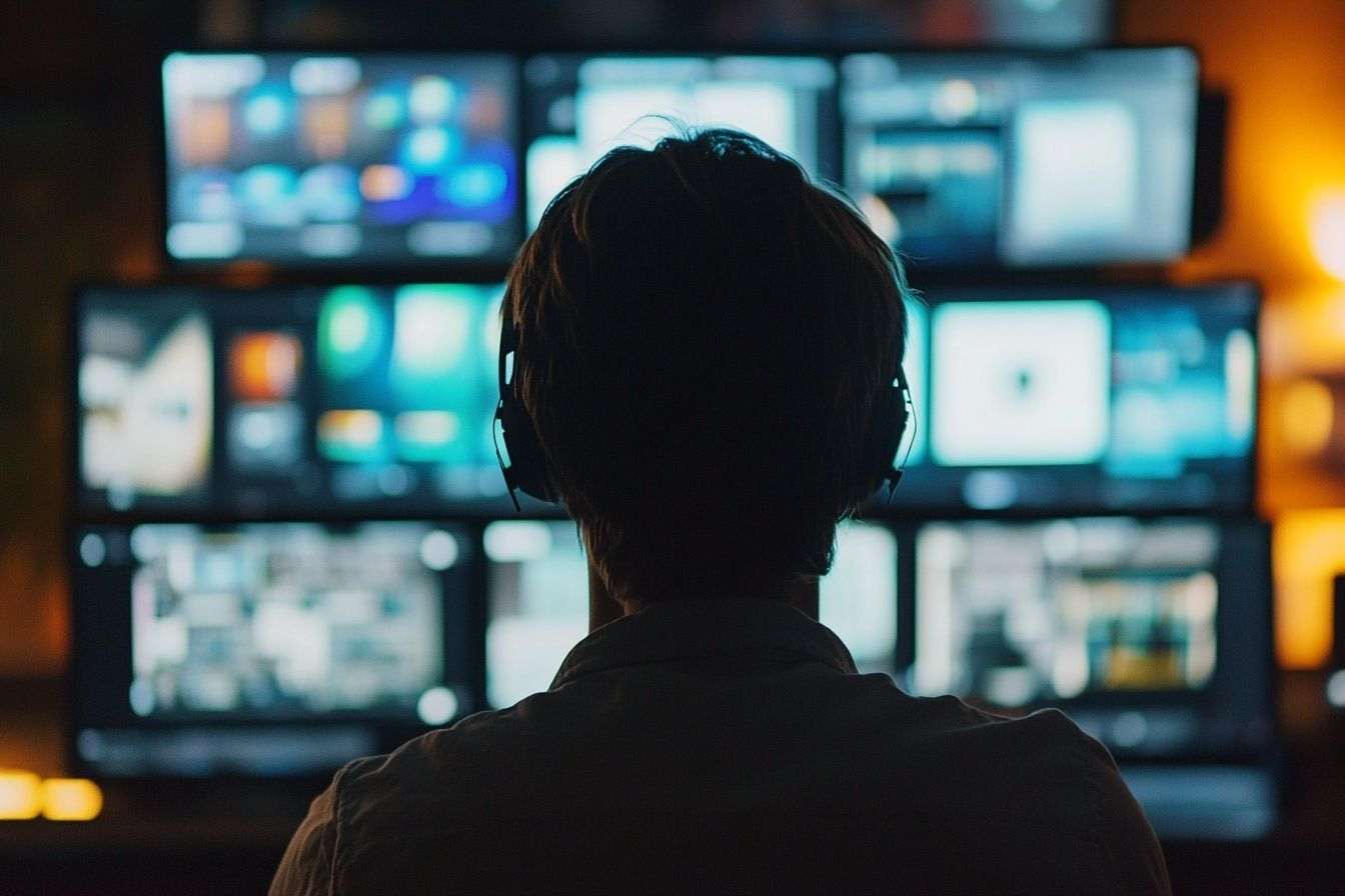Image showing the back view of a person intensely focused on video editing, with multiple screens displaying colorful timelines and clips.