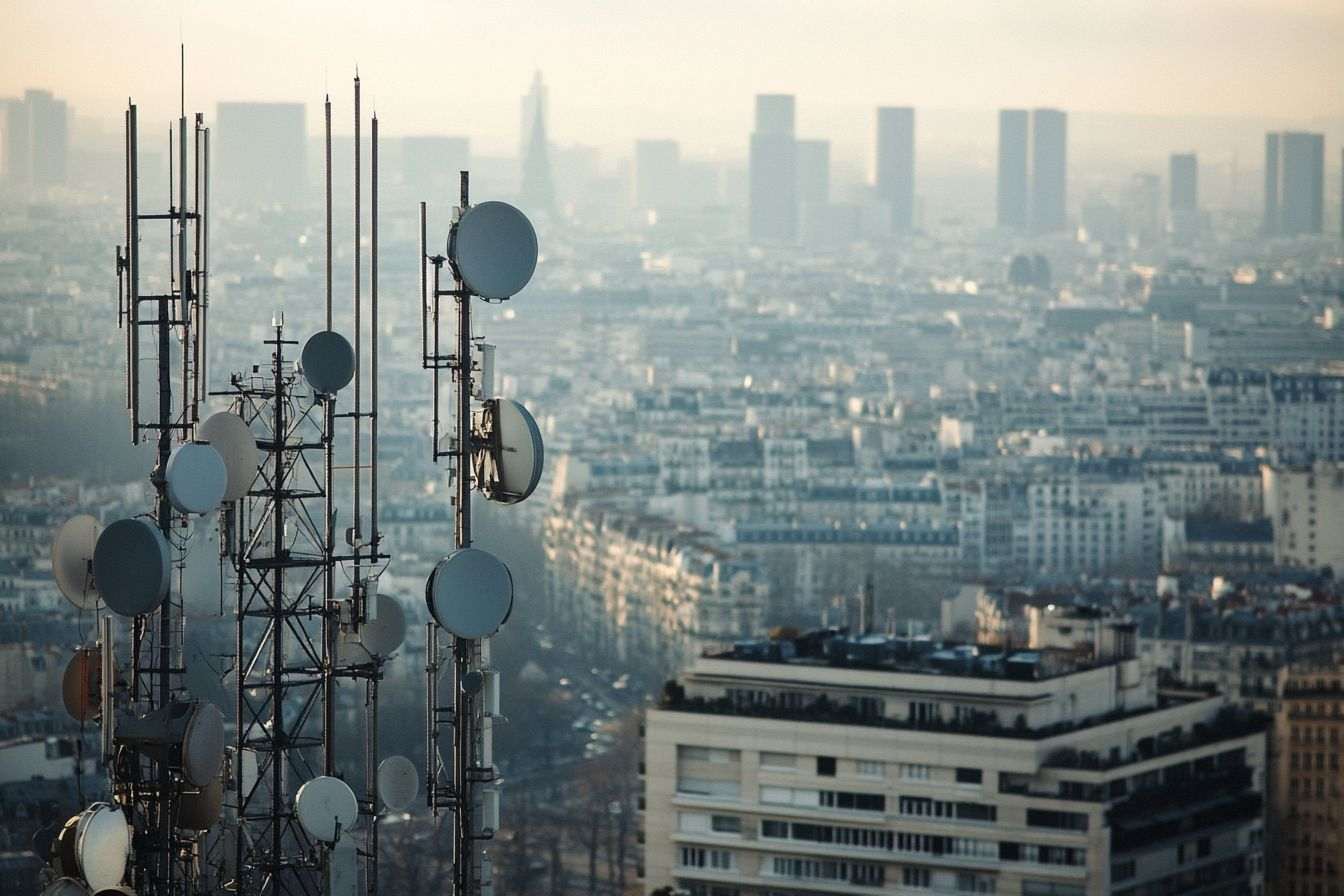 Vue aérienne de Londres montrant les tours de télécommunication sur fond d'architecture urbaine moderne.