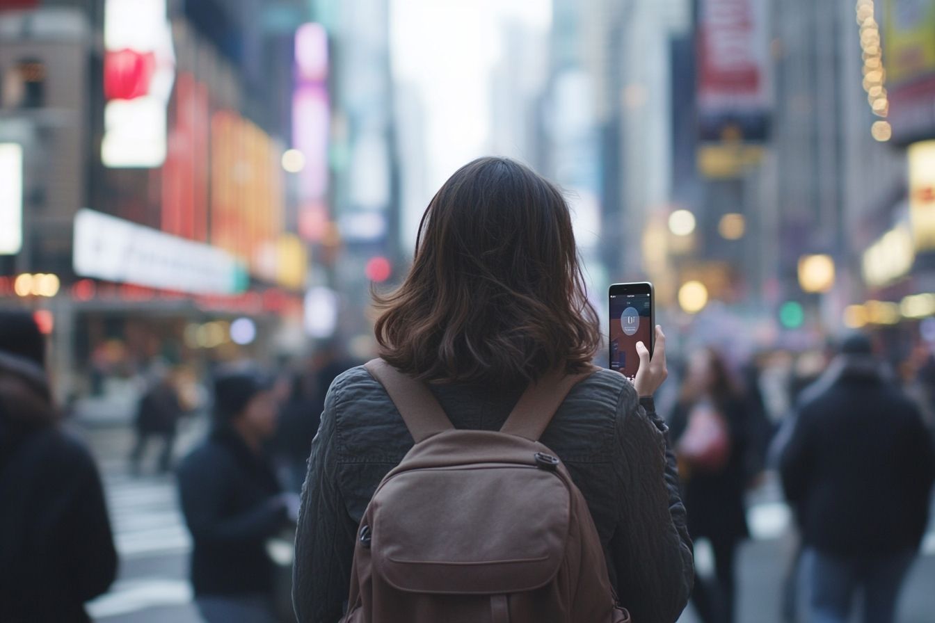 Une personne de dos utilise Siri sur son iPhone dans une rue de ville animée