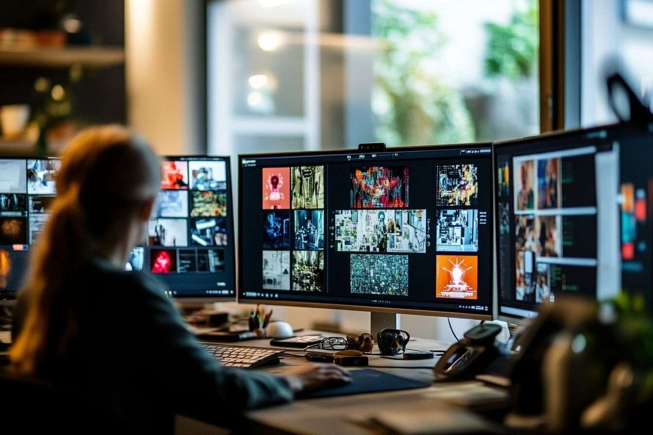Espace de travail créatif avec écrans de prompts ai