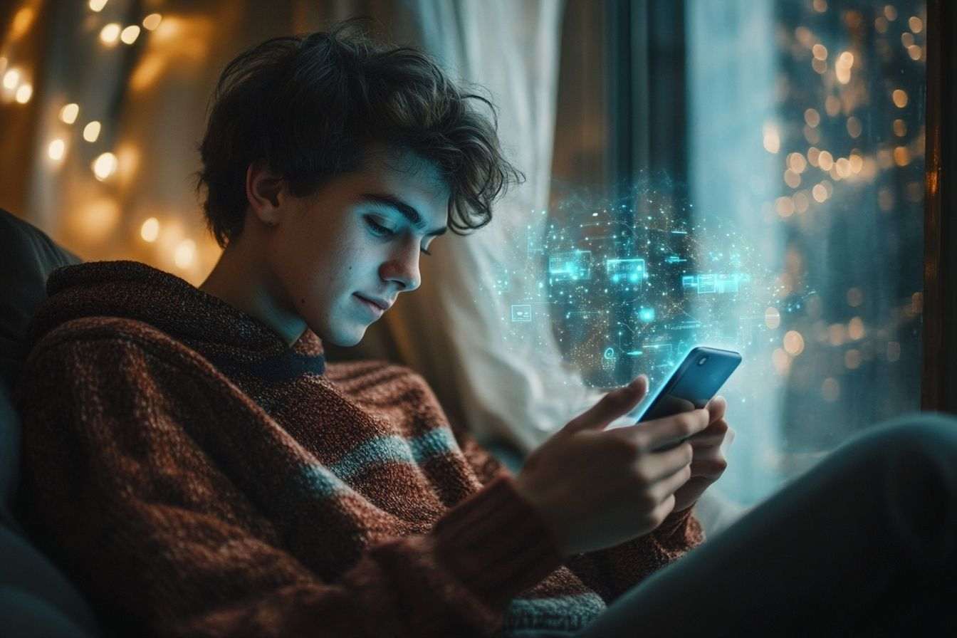 Jeune adulte avec smartphone oppo et interface ia lumineuse
