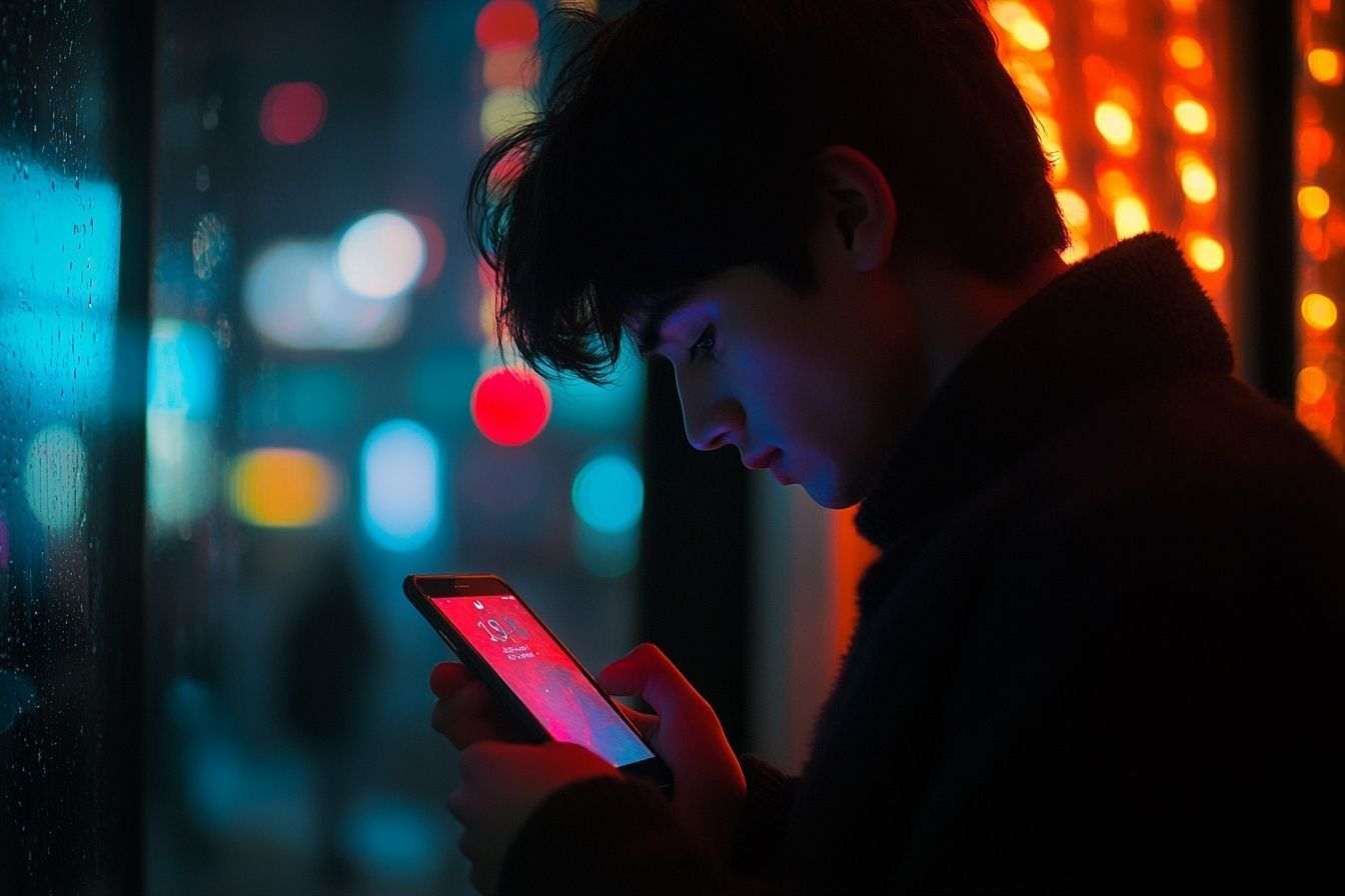 Expérience visuelle néon sur un Écran d iphone sombre