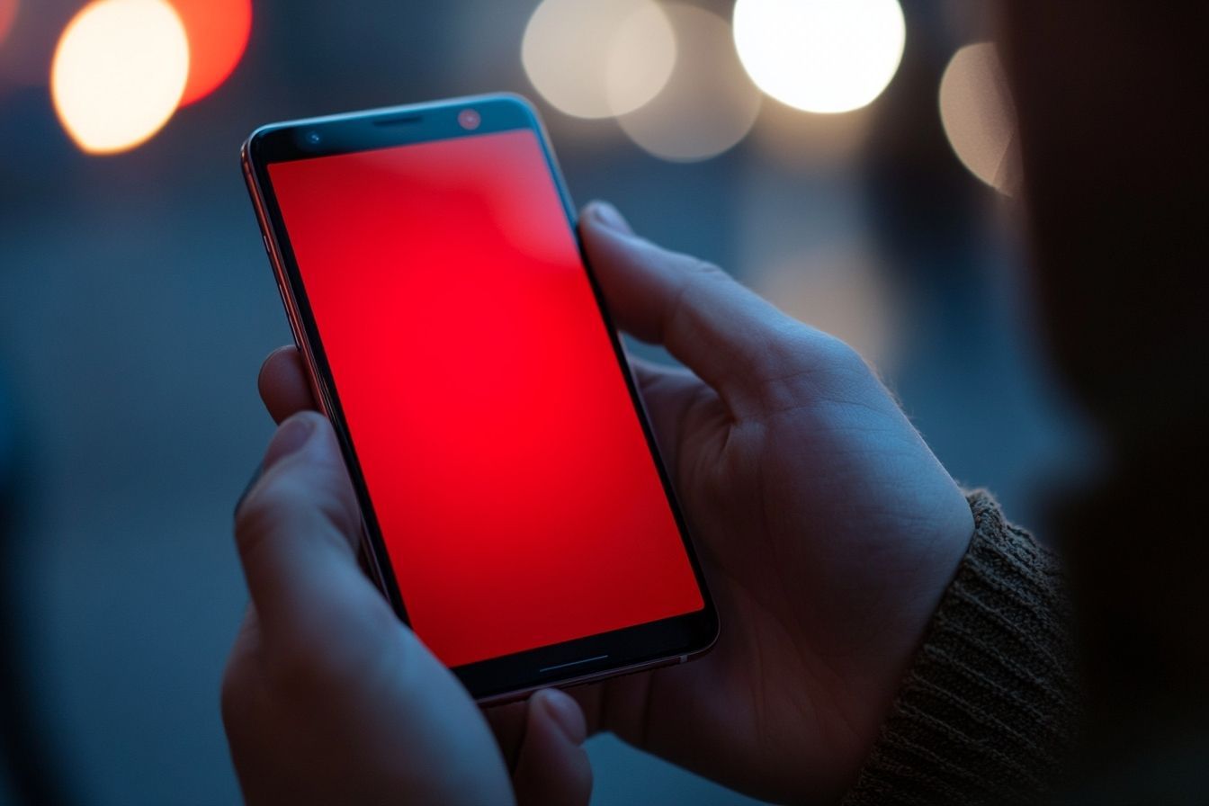 Gros plan de la main d un professionnel tenant un smartphone avec un avertissement rouge sur l écran